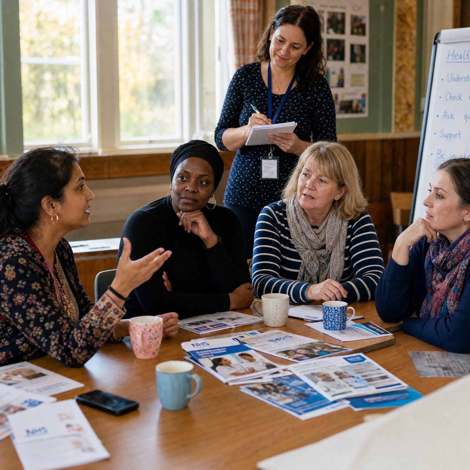A health advocate in conversation with a seasonal worker at a drop-in session in Fort William